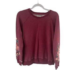 Lucky Brand Women's red Terry floral embroidered sweatshirt L Mineral wash